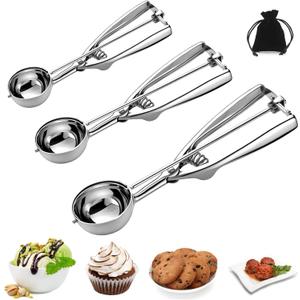 Ice Cream Scoop, 3Pcs Cookie Scoop Set, Stainless Steel Cookie Scoops for Baking Set of 3, Cookie Scooper for Baking, Ice Cream Scooper with Trigger Release, Cookie Dough Scoop
