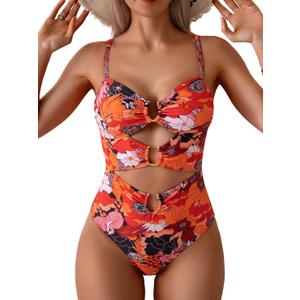 Eomenie Womens Cutout One Piece Swimsuit with Ring Linked Sexy Monokini Bathing Suit for Beach Vacation (Small, Red Black Print)