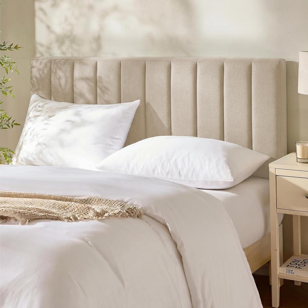 Hearth & Harbor Upholstered Queen Headboard - Easy Assemble Channel Stitched Headboard Queen Size - Wall Mounted Headboards with 3D Soundproof Wall Panels Peel & Stick Floating Headboards, Beige