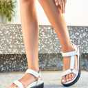 Coutgo Womens Platform Sandals Comfortable Arch Support Footbed Adjustable Ankle Strap Summer Beach Flat Sandals (7.5, White/Pu)