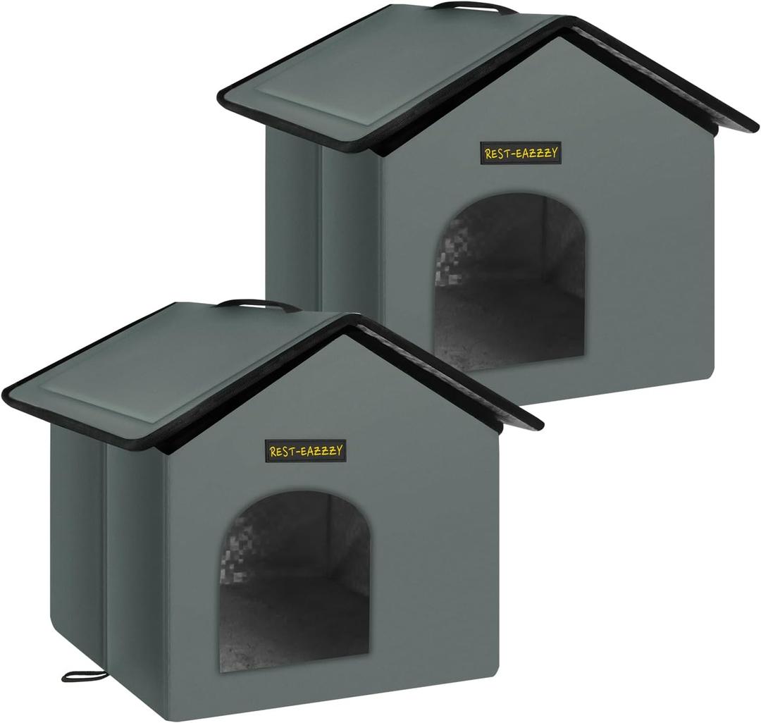 Rest-Eazzzy Cat House for Outdoor Cats, Weatherproof and Insulated Feral Cat House with Mat and Clip, Easy to Put Together, Selfwarming Cat Shelter for Summer, Never Blow Away (Grey, House X 2)