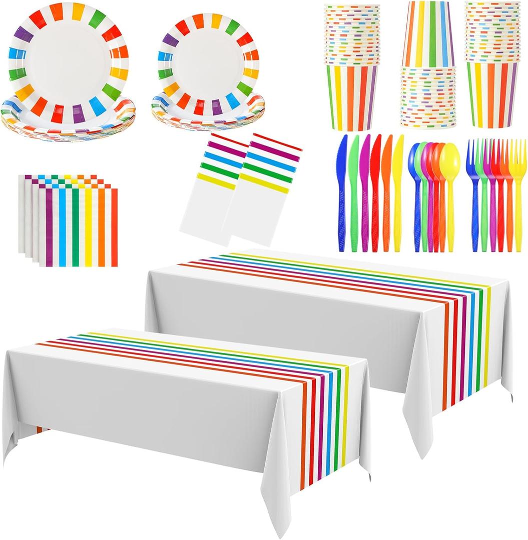 154 Pcs Rainbow Birthday Party Decorations 2 Rainbow Striped Tablecloth Disposable Dinnerware Set Colorful Plates Paper Cups Napkins Cutlery for Happy Birthday Wedding Party Supplies