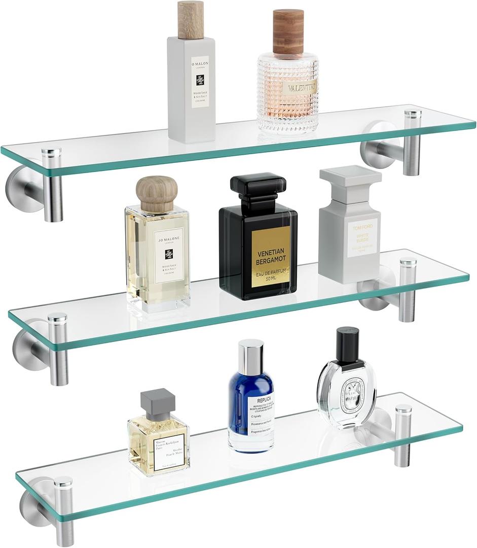 KES Glass Shelf for Bathroom, Floating Glass for Wall Shelves 20-Inch 3 Pack Rectangular Stainless Steel Brackets Wall Mounted Brushed Finish, A2021-2-P3