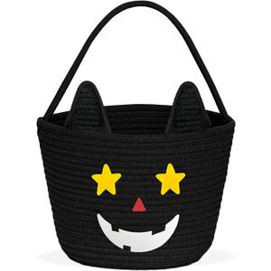 Zrmqh Halloween Basket Personalized Cute Black Cat Pumpkin Cotton Rope Woven Basket Trick or Treat Boo Tote Bags Spooky Halloween Candy Bucket Halloween Party Home Decorations Indoor