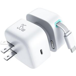 Retractable Wall Charger, 35W PD Fast Charger Block with Type C Retractable Cable (31.5 inch) and Type C Ports, Portable Charger Adapter for iPhone 17/16/15 Pro Max/Galaxy/Pixel & More (White)