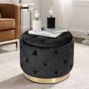 JUUON Velvet Round Storage Ottoman with Gold Metal Base, Button Tufted Modern Upholstered Footrest Stool & Coffee Table Seat for Living Room or Bedroom (Black)