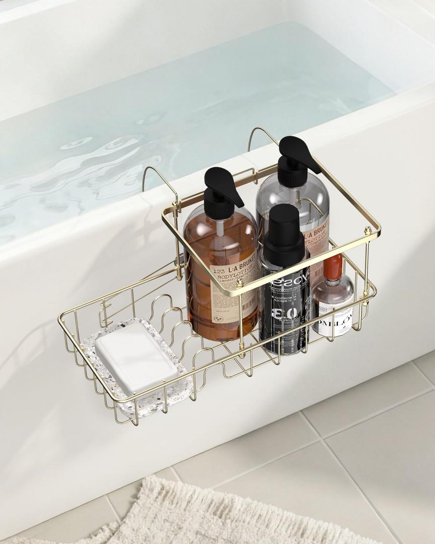 Rustproof Hanging Shower Caddy for Bathtub, Stainless Steel Shower Caddy for Tub Side, Hanging Shower Organizer Basket for Shampoo, Conditioner, Soap & Bath Accessories, Easy Install, Bronze Gold