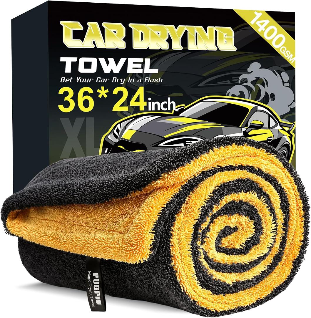 PUGPIU Car Drying Towel - 1400GSM Extra Large Super Absorbent Microfiber Towels for Cars 24"x36" - Large Edgeless with Twisted Loop, Lint-Free & Streak-Free for Auto Detailing, SUV, Truck (Yellow), 36"X24"