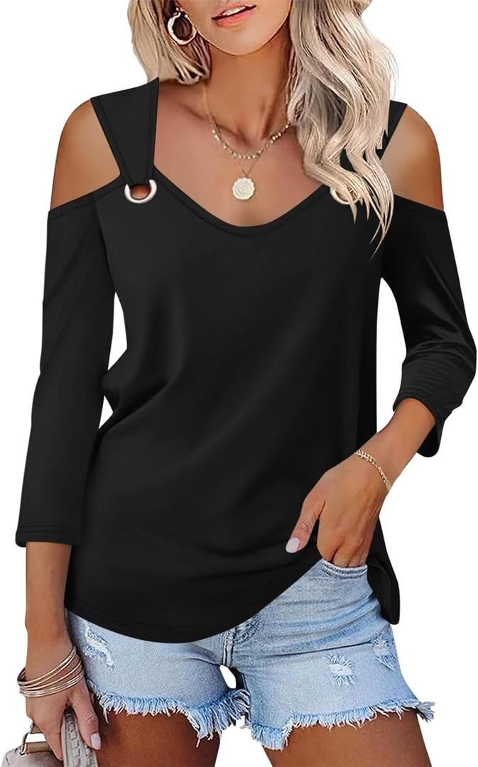 Minetom Women's V Neck 3/4 Sleeve Shirts Cold Shoulder Tops Basic Summer Tees (X-Large, A Black)