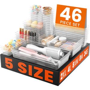 A-LuGei 46PCS & 5Sizes Clear Drawer Organizer,Hold 277 Items Makeup Organizer, Bathroom Organizers and Storage, Organization and Storage, Organizer Bins for Office Vanity Kitchen Tool Trays