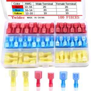 Twidec/100PCS Nylon Spade Connectors Kit 22-10 Gauge Male and Female Wire Spade Terminal Quick Disconnect Fully Insulated Wire Crimp Connector for Automotive Marine