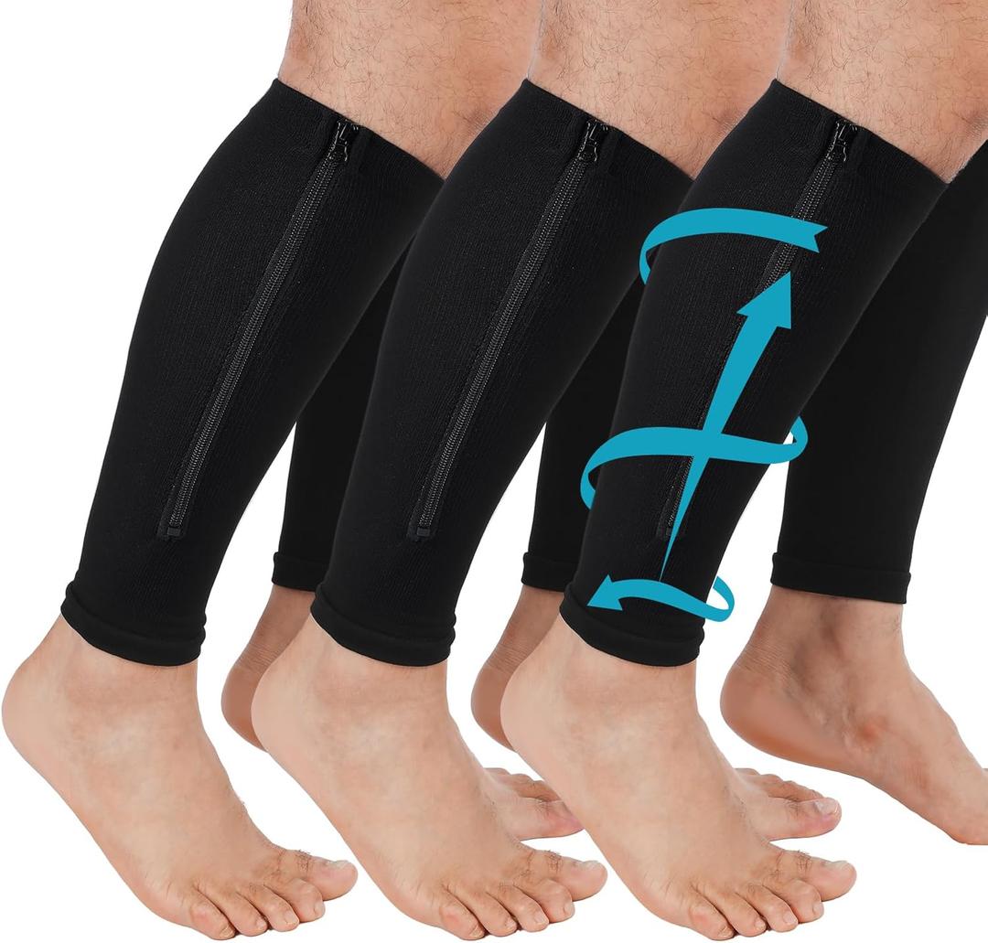 3 Pairs Calf Compression Sleeve with Zipper 20-30mmhg Leg Compression Sleeve Calf Brace Zipper Socks No Foot Sleeves for Men Women Support Running Shin Splints