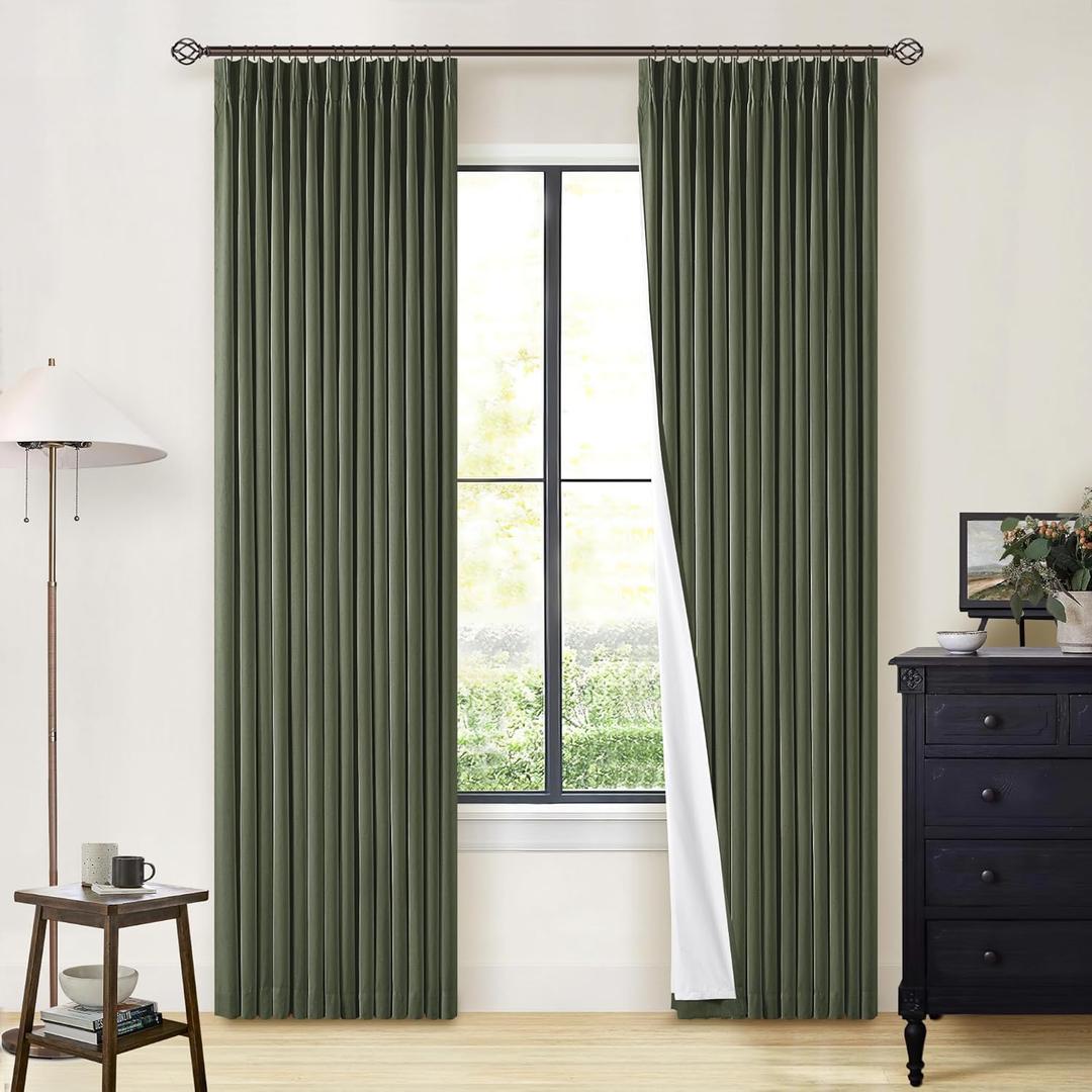 Olive Green Pinch Pleated Full Blackout Curtains Linen Blend Room Darkening Window Curtains 80 Inch for Living Room Bedroom Thermal Insulated Back Tab Pinch Pleat Drapes with Hooks Rings 2 Panels