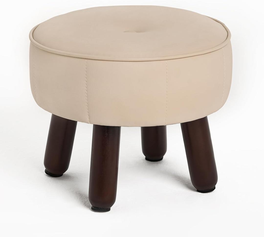 oakvivo 13in Small Foot Stool Ottoman, Round Faux Leather Foot Rest for Couch, Under Desk Pouf Footstool Footrest with Non-Skid Rubber Legs for Ling Room, Bedroom, 13''L x 13''W x 10.2''H, Beige