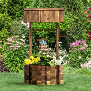 Wooden Wishing Well Planter for Outdoors with Hanging Bucket, Rustic Flower Planter Patio Garden Decorative, Brown (21.7")