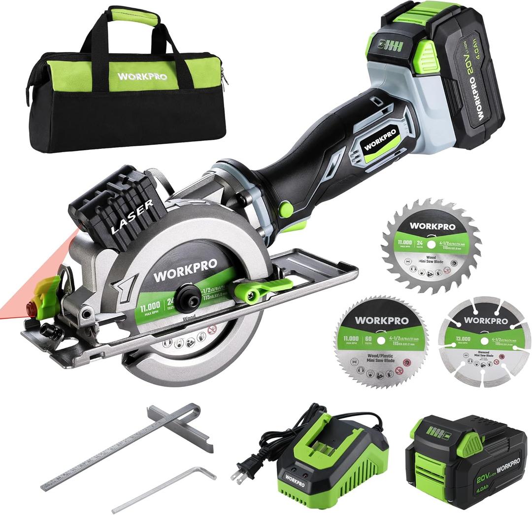 WORKPRO 20V Cordless Mini Circular Saw, 4-1/2" Compact Wireless Circular Saw 4.0Ah Battery, Fast Charger, 3 Blades, 4500RPM, Laser Guide, Max Cutting Depth 1-11/16"(90), 1-1/8"(45)