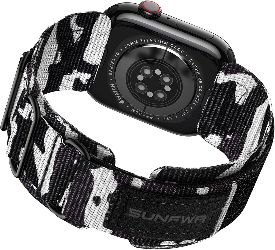 SUNFWR Rugged Nylon Band for Apple Watch Ultra 3&2&1 49mm 46mm 45mm 44mm 42mm Men, Velcro Tactical Military Strap for iWatch Series 11/10/9/8/7/6/5/4/3/2/1/SE (Camouflage Grey)