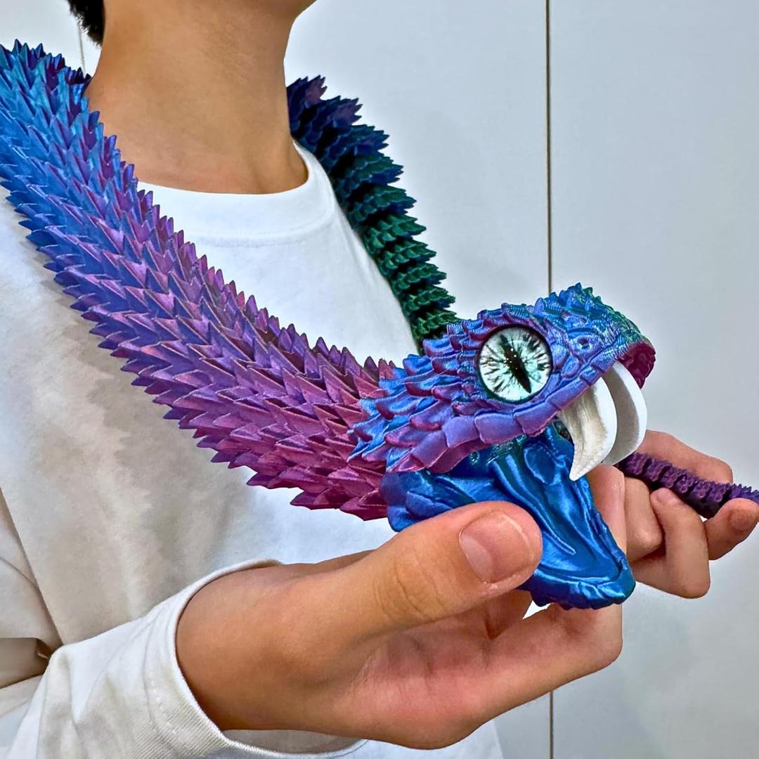 35.5-inch Oversized 3D Printed Snake Model with Movable Teeth and Flexible Joints, Reptile Animal Figurine, Stress Relief, Surprising and Magical Gift (35.5in Red Blue Yellow)