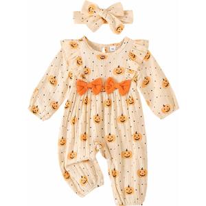 Newborn Baby Girl Halloween Outfit Ruffle Long Sleeve Pumpkin Romper Jumpsuit With Headband Bodysuit Overalls Clothes (0-3 Months, Apricot 3)