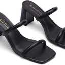 Avidirk Women's Square Open Toe Heeled Sandals Two Strap Mules Slip On Block Chunky Mid Heels Sandals (Black)