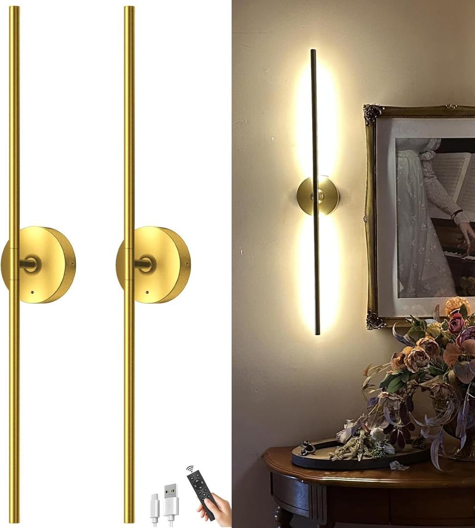 Battery Operated Wall Sconce Set of Two: Gold Wireless Rechargeable Wall Light with 10000mAh Detachable Battery and Remote, 360 Rotatable Scone Wall Decor for Bedroom Hallway Bathroom, 31.5inch