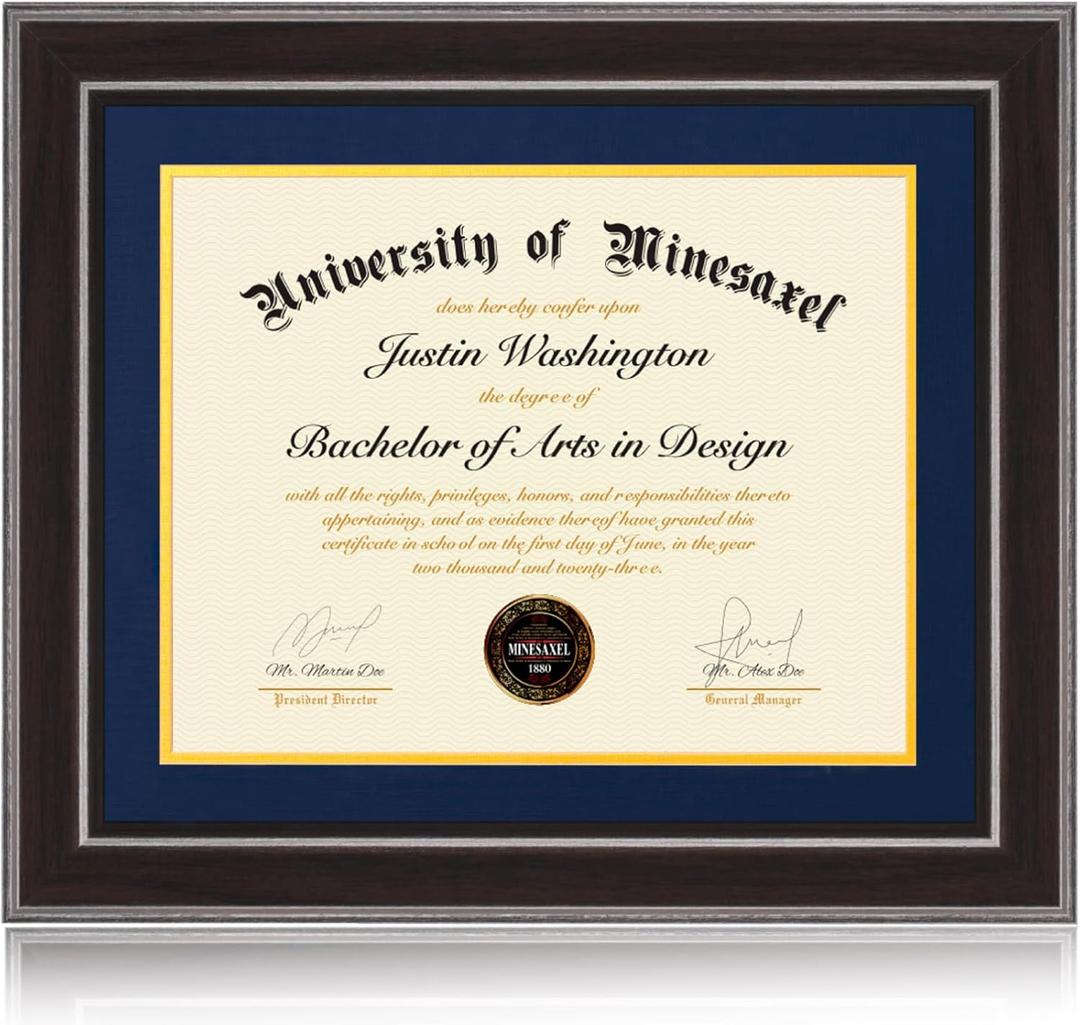 14x17 Diploma Frames 11x14 with Blue Mat, Fits Degree Certificate Document, 17 x 14 Walnut Color Frame with Tempered Glass Panel for Wall Mounting