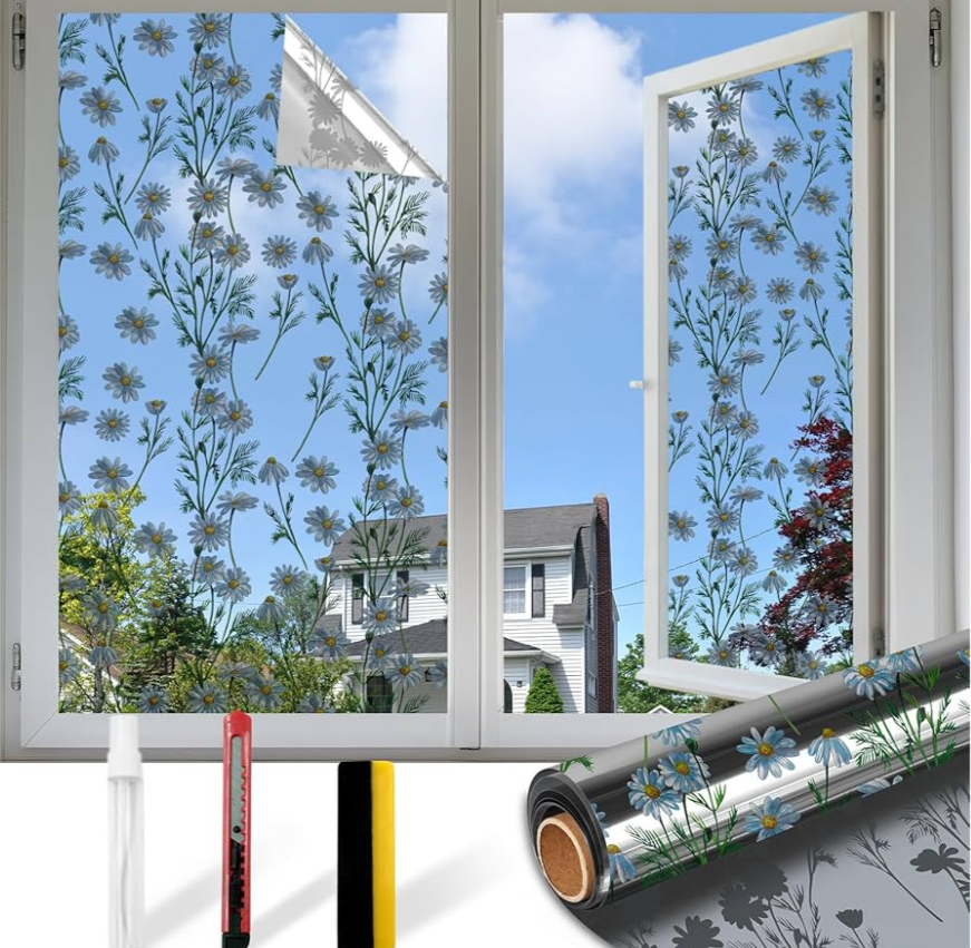 Countewol Upgraded Window Privacy Film One Way Daytime Privacy Static Cling Sun Blocking Anti UV Reflective Window Tint for Home and Office (Silver （Daisy）, 45.27 X 78.7 in)