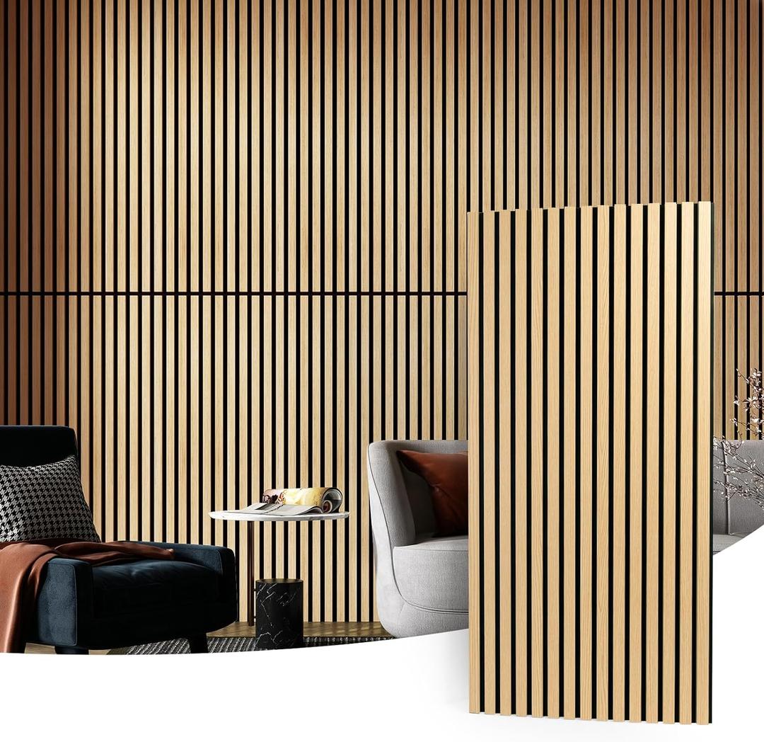 Art3d 2 Wood Slat Acoustic Panels for Wall and Ceiling - 3D Fluted Sound Absorbing Panel with Wood Finish - Oak, 2pcs - 47.223.6in.