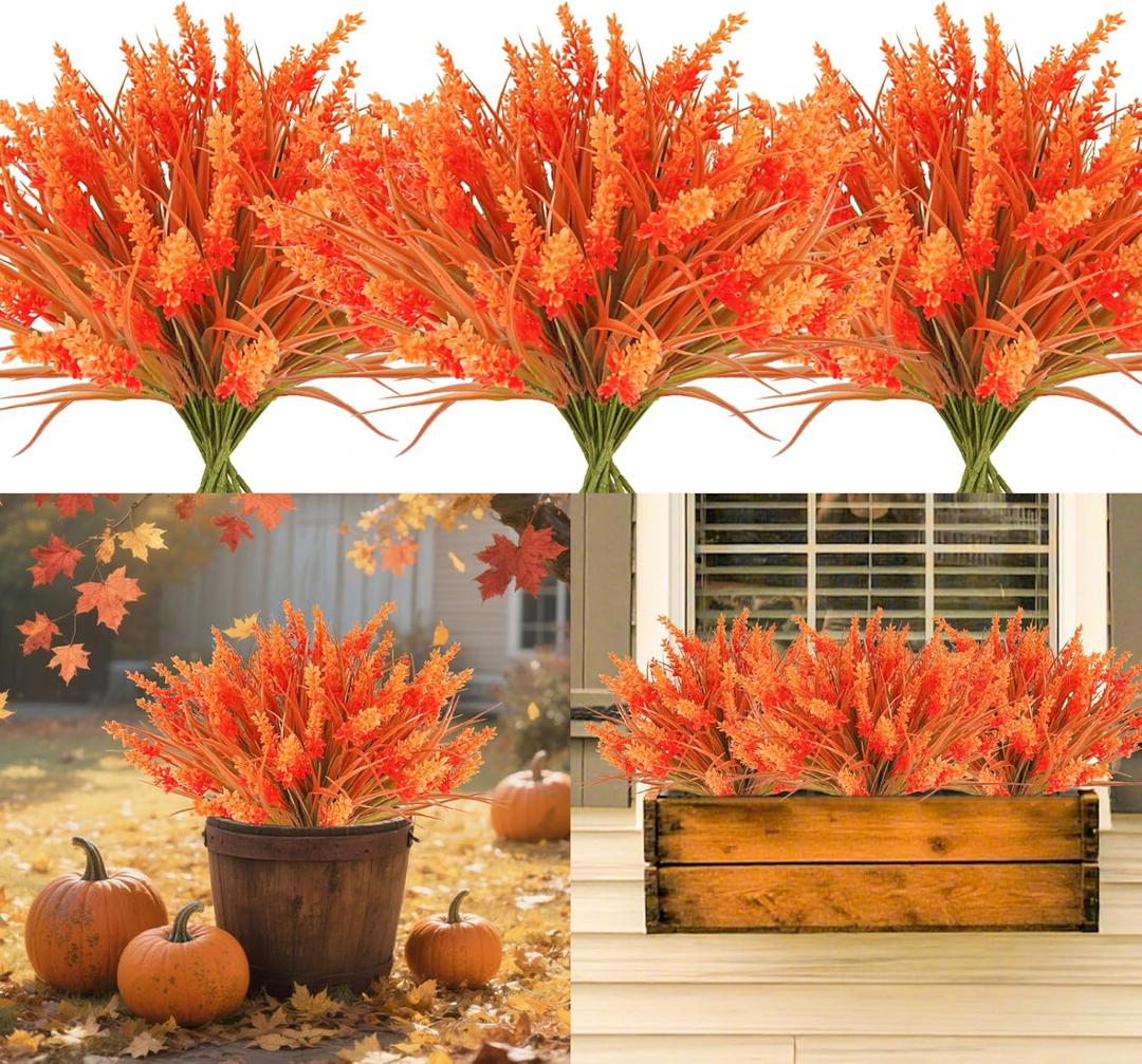 36 Bundles Artificial Fall Flowers Outdoors Fake Fall Lavender Flowers UV Resistant No Fade Plastic Faux Fall Plants for Indoor Home Porch Autumn Thanksgiving Fall Decorations (Orange)