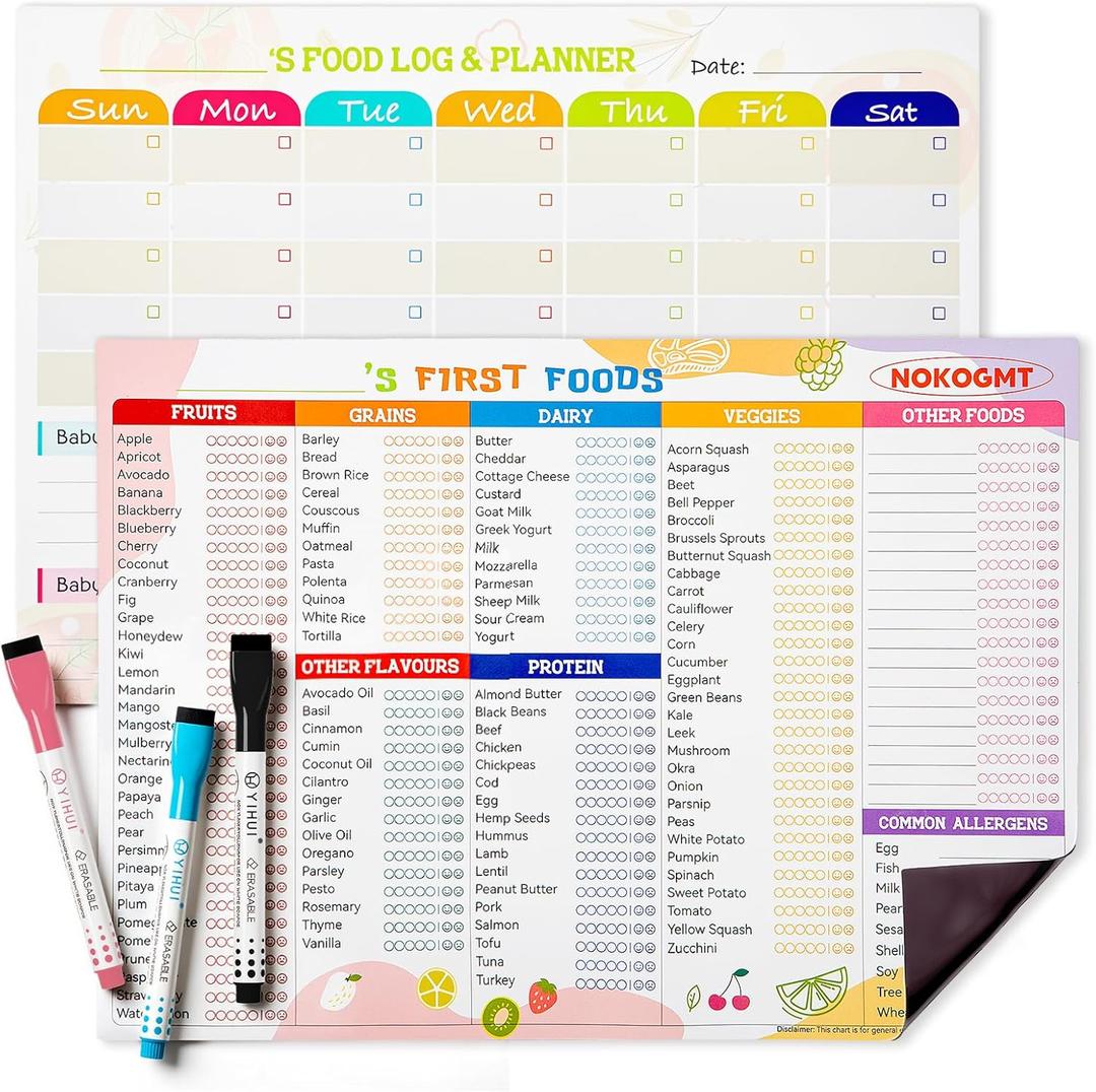101 Foods Before 1 Checklist Magnet Baby Food Chart & First Foods Fridge Magnet Baby First Foods Tracker with Weekly Meal Planner Dry Erase Baby Food Tracker Fridge Magnet with 3 Markers