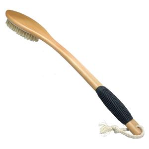 OWIIZI Bath Brush Wooden Curved Long Handle Antiskid Shower Brush for Exfoliating, Natural Bristle Scrubber for Back Use Wet or Dry (Black Non-slip Rubber Grip)