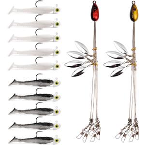 Alabama Rig (A-Rig) Fishing Lures Kit 2 Rigs, 10 Jig Heads & Swimbaits, Tackle Box for Striper/Bass Fishing