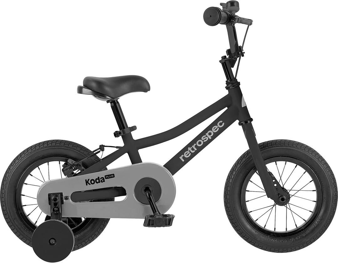 Retrospec Koda Plus Kids Bike for Boys & Girls Ages 2-3 Years - 12" Children's Bicycle, Adjustable Seat & Handlebars, Removable Training Wheels, Front Hand Brakes, Rear Coaster Brake & Safety Bell (Black)