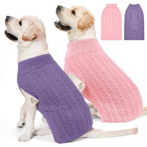 2 Pack Dog Sweaters for Big Dogs Turtleneck Pullover Cable Knit Large Size Stretch Clothes Pitbull Labrador Bulldog Doberman Boy Girl Pets Winter Clothes (XL, Pink & Purple)