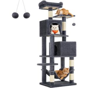 Feandrea Cat Tree, 61-Inch Cat Tower for Indoor Cats, Plush Multi-Level Cat Condo with 5 Scratching Posts, 2 Perches, 2 Caves, Hammock, 2 Pompoms, Smoky Gray UPCT192G01