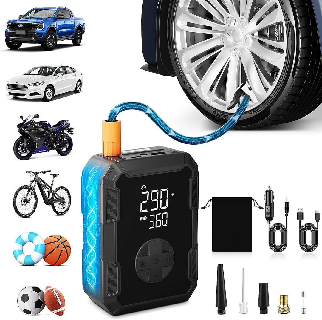 Tire Inflator Portable Air Compressor Wireless & 12V Dual Power, Auto Shut-Off, Digital Display, Fast Inflation & LED Light, for Car, Bike, Sports & Travel