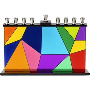 The Dreidel Company Geometric Design Glass Candle Hanukkah Menorah, Handcrafted Design, 11 Inch