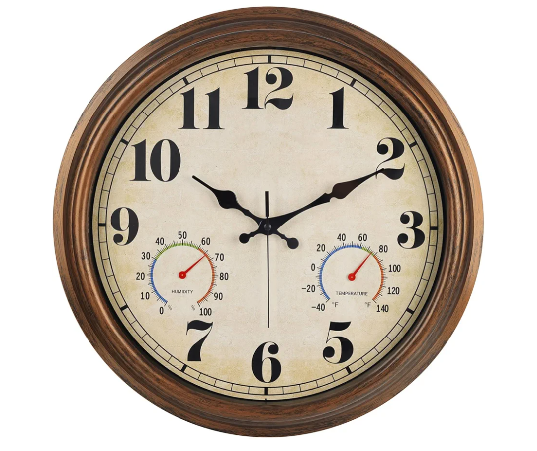 45MinST 16 Inch Bronze Vintage Large Indoor/Outdoor Waterproof Wall Clock with Thermometer & Hygrometer, Silent Non-Ticking Quartz Timepiece for Home, Porch, Garden,Pool