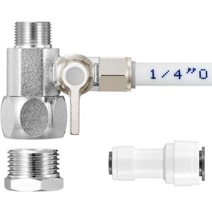 HAOCHEN Feed Water Adapter - Water Line Splitter 3/8"x3/8"x1/4" or G 1/2"xG 1/2"x1/4", Brass Water Supply Valve with 1/4" Push in Quick Connect fitting for RO FilterRefrigerator,Ice Maker