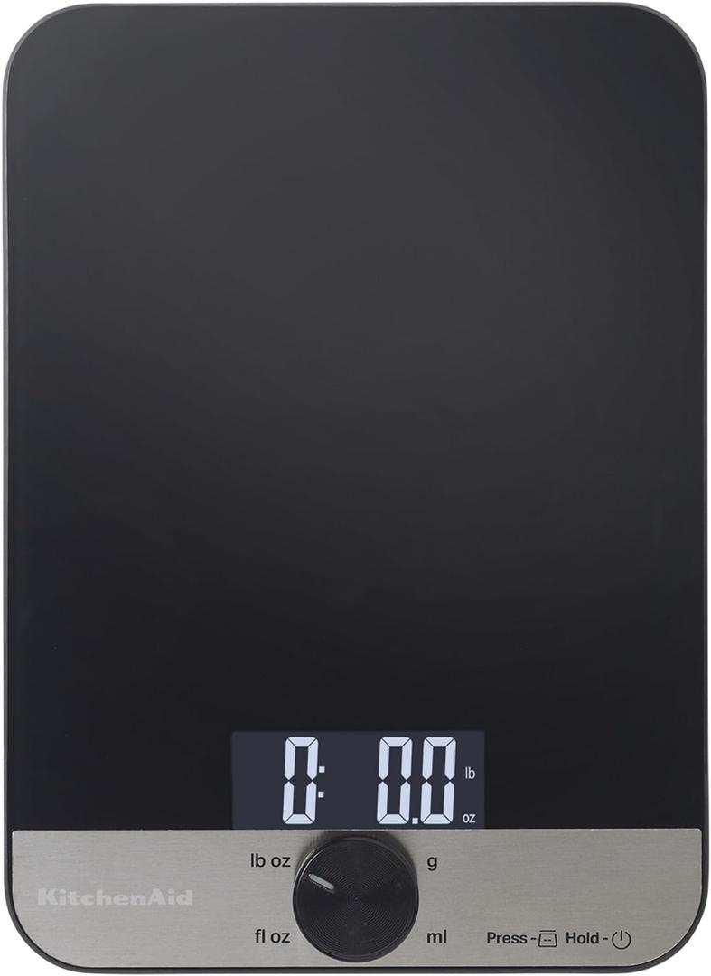 KitchenAid KQ908 Glass Surface 11 Pound Capacity Digital Kitchen and Food Scale, Scale for Food Ounces and Grams, Dry and Liquid Ingredients, Black (Black w/ Silver)