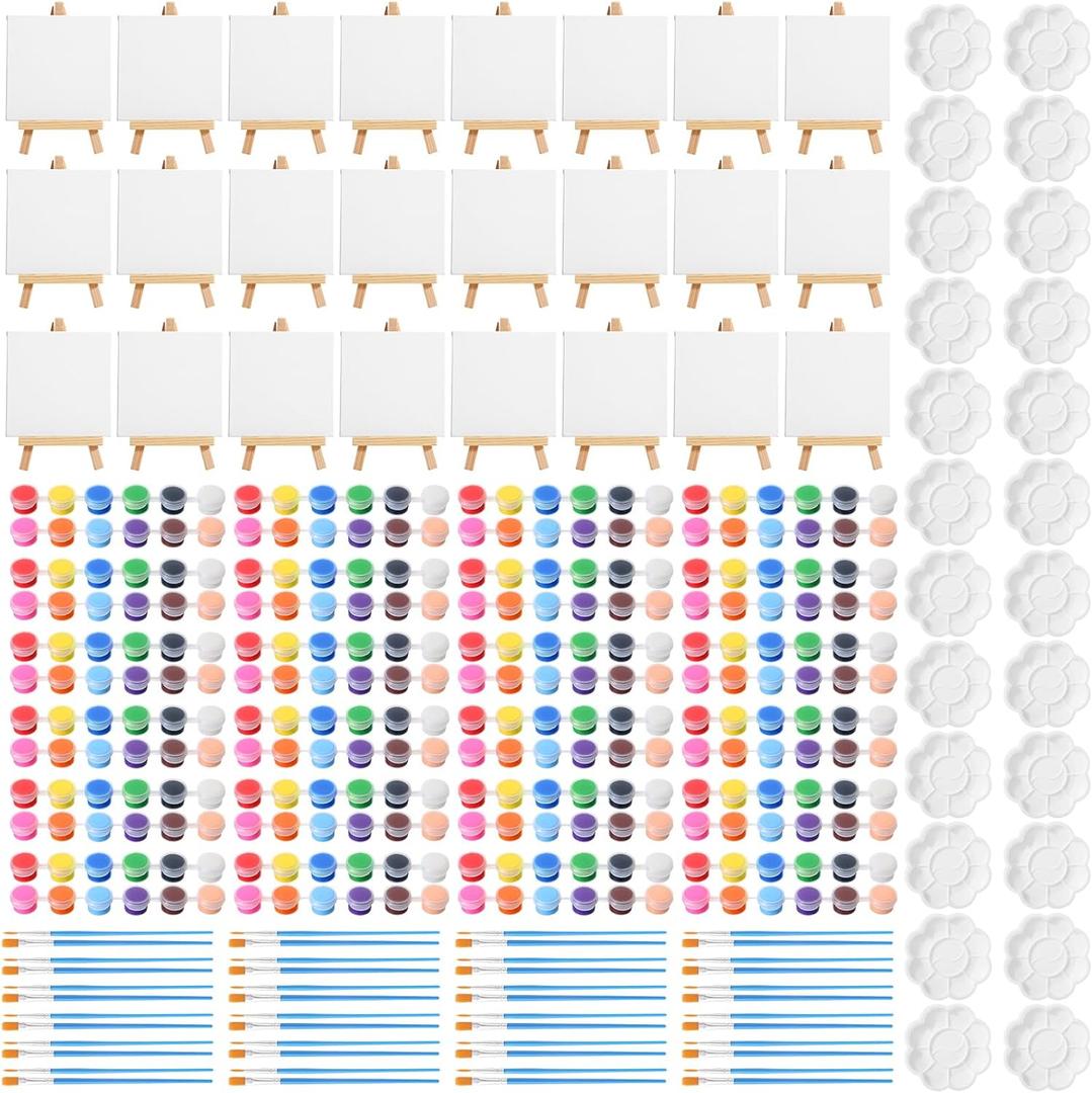 Qilery 24 Set 4 x 4 Inch Mini Canvas Panels and Easel Painting Kit, 12 Colors Acrylic Strips Brush Palettes, Art Painting Kits for Artists Beginners Oil Acrylic Craft Party Favors