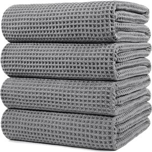 POLYTE 430 GSM Microfiber Oversize Quick Dry Lint Free Bath Towel, 60 x 30 in, 4 Pack (Waffle Weave) (Gray)