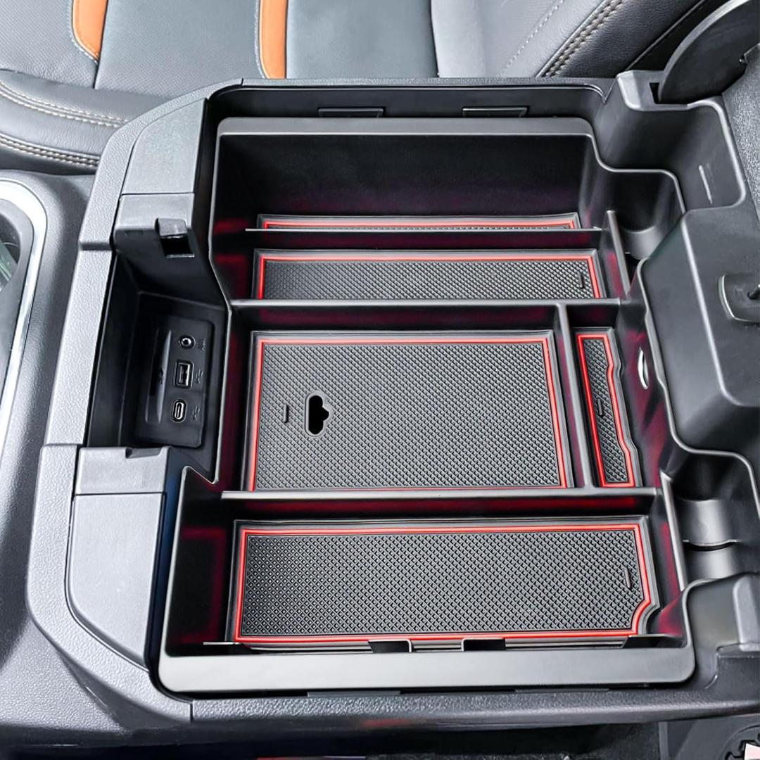 Center Console Organizer Compatible with 2019-2022 Chevy Silverado/Sierra 1500 and 2020-2023 Silverado/Sierra 2500HD 3500HD Accessories Armrest Full Size Tray,Full Console w/Bucket Seats ONLY,Red