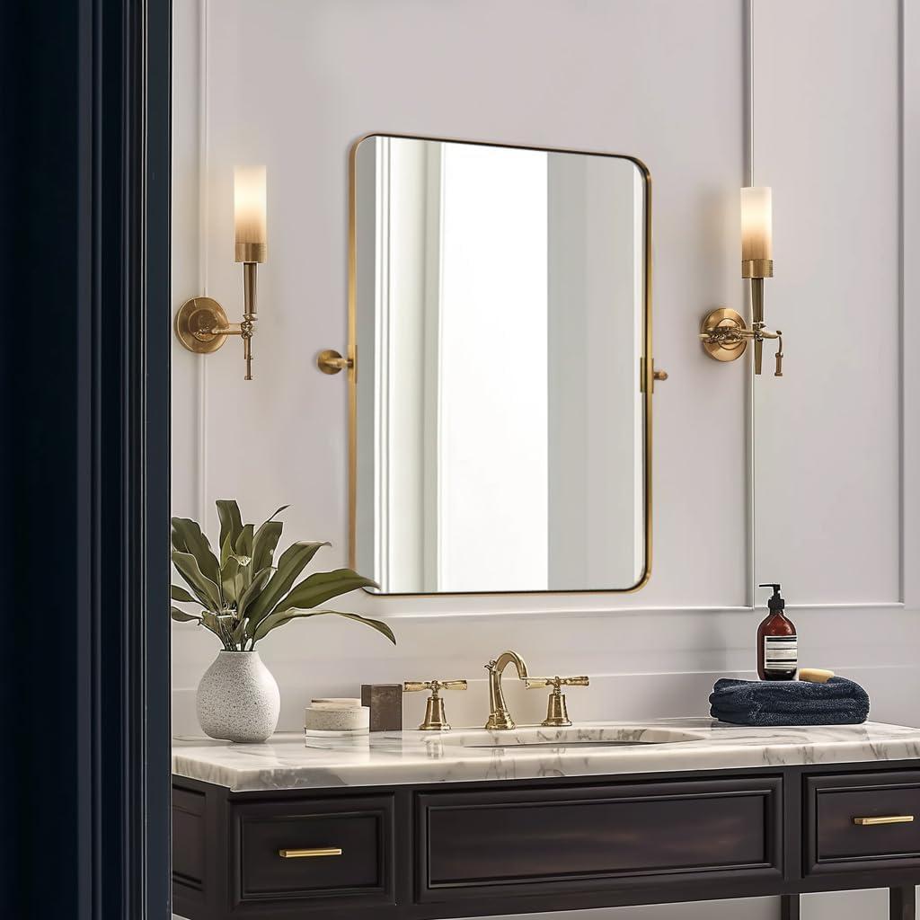 MOON MIRROR Brushed Gold Pivot Mirror,Brass Tilt Rectangle Pivot for Bathroom, Overall 28.33 x 32 in (Mirror 24x 32 in)