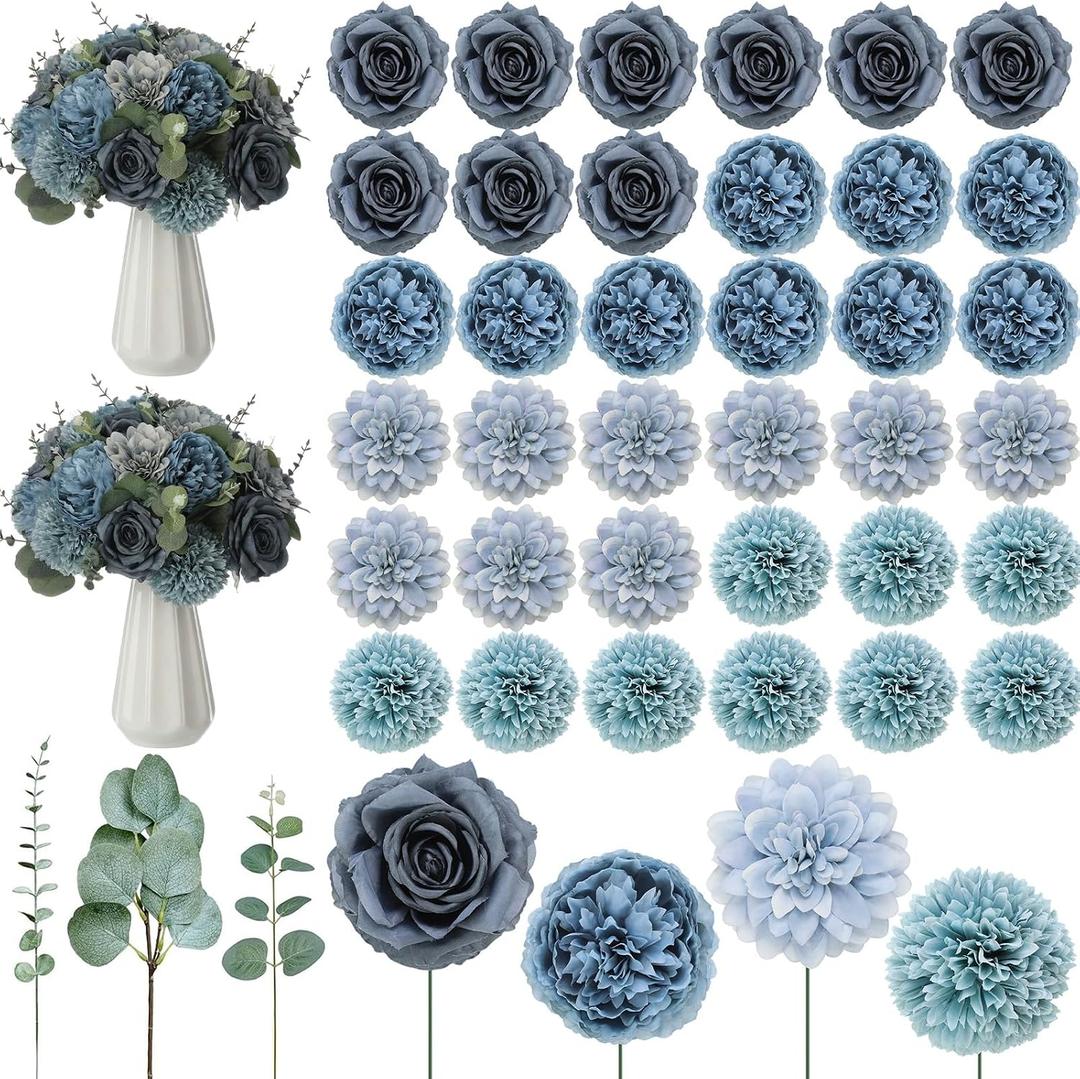 Suncalla 98 Pcs Artificial Flowers Bouquet Assorted Faux Flowers Heads with Stem Eucalyptus Leaves Silk Floral Table Centerpiece for DIY Wedding Party Wreath Home Decor(Dusty Blue)