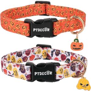 PTDECOR 2 Pack Halloween Dog Collar, Multi Size, Adjustable Orange Halloween Pumpkin Pet Collars for Small Dogs (Small) (SNeck 10"-14",Wideth 0.6"))