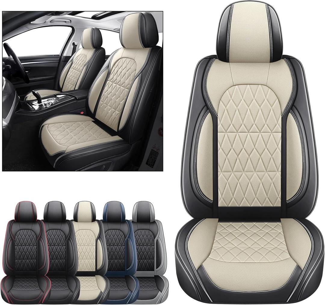 Aierxuan Front Pair Car Seat Covers, Anti-Slip Faux Leather Universal Fit Honda Acura Nissan Altima Rogue Honda Accord Hybrid CRV Civic Lexus BMW Audi, Black-Beige