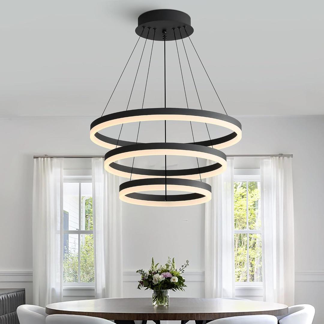 Modern Black LED Ring Chandelier for Dining Room Table, Dimmable Fixture, 20*59in