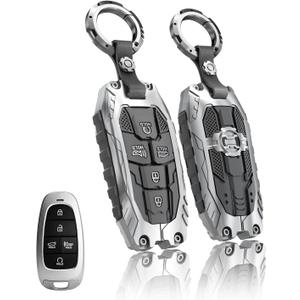 Heavy Key Fob Cover for Hyundai, Key Fob Case Protector Accessories Fits for 2022 2023 2024 2025 Hyundai Sonata Tucson Santa Cruz (5 Buttton-Silver)