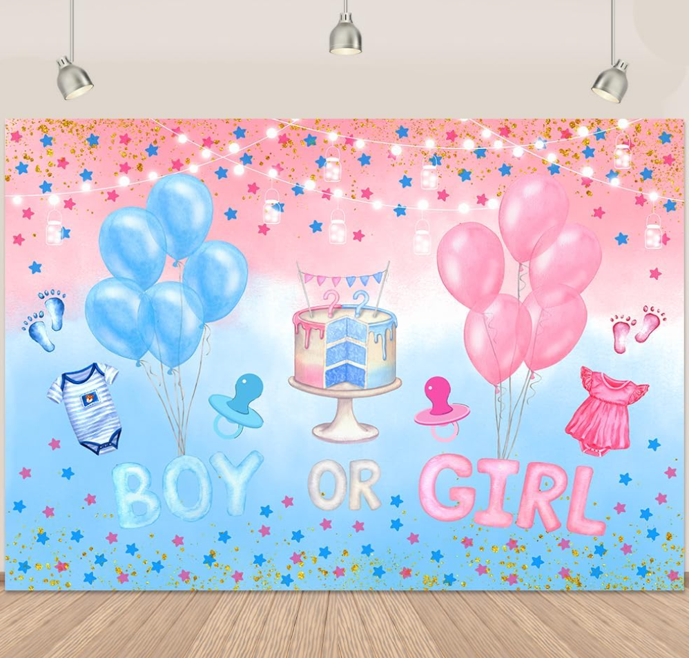 2 x Boy or Girl Baby Shower Backdrops Blue Pink Watercolor Clouds Baby Gender Reveal Backdrop Gold Stars Glitter Balloons Newborn Gender Reveal Party Photo Background 5.9x3.6Ft